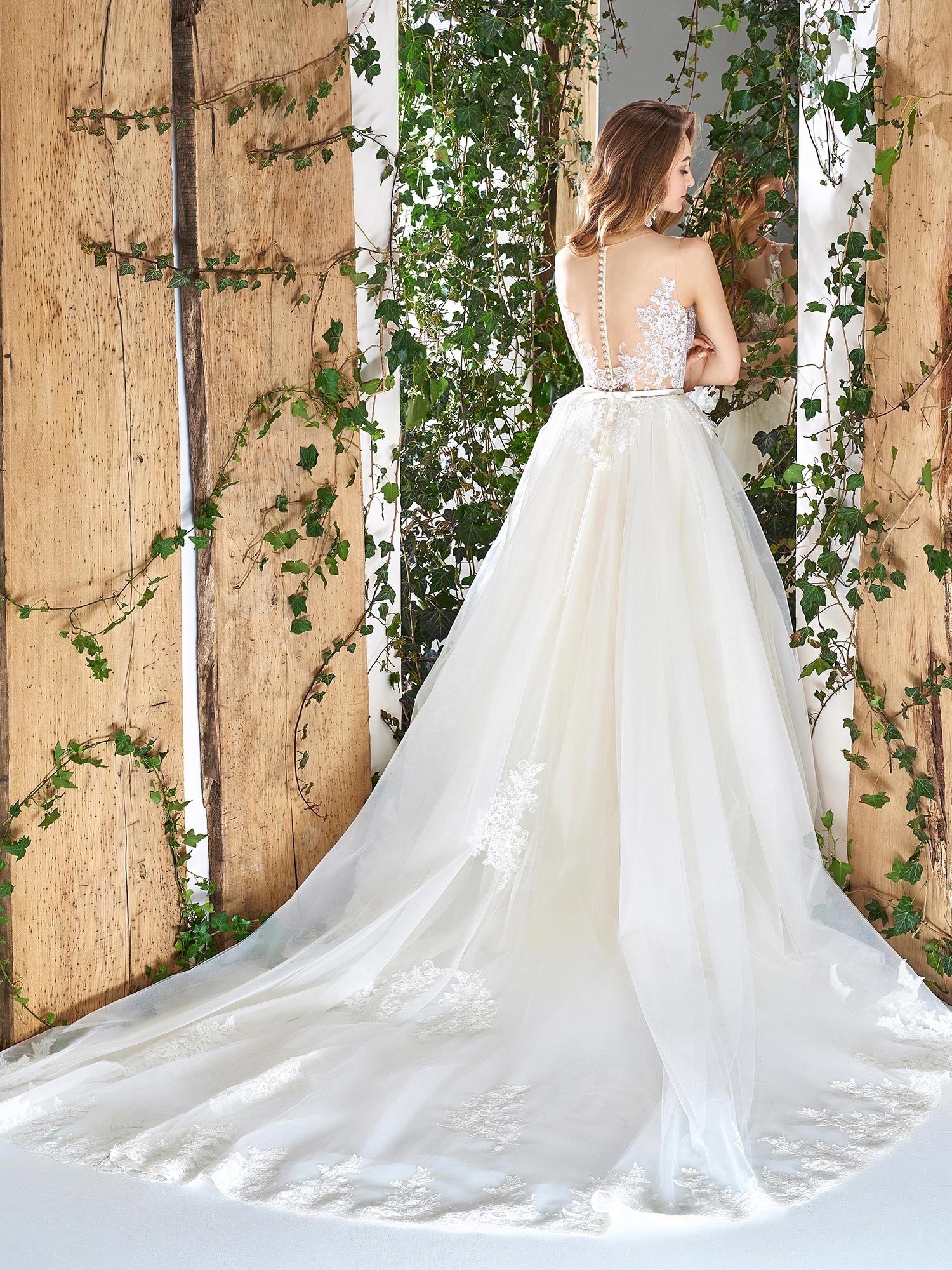 Papilio Illusion neckline ball gown wedding dress with scalloped lace hem