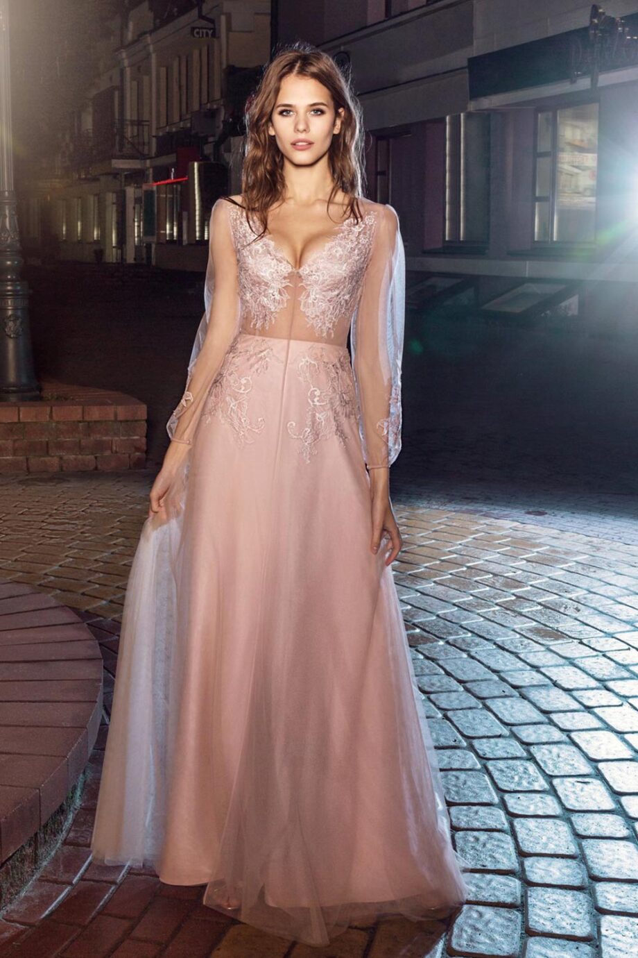 Evening gown with long bishop sleeves