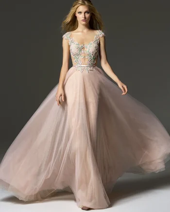 Front view of a blush evening dress with cap sleeves at Papilio Boutique's Toronto sample sale, showcasing detailed colorful embroidery and a detachable sash for an elegant appearance.