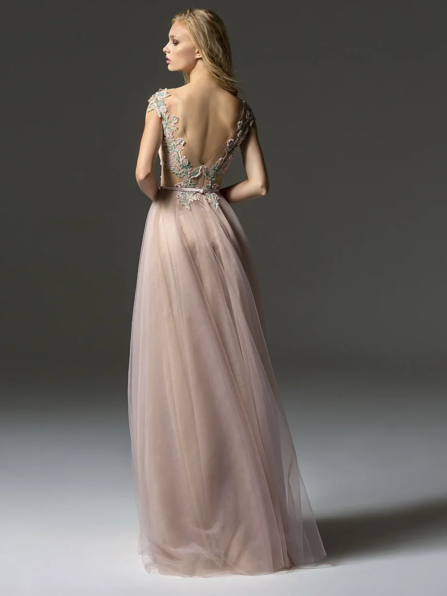 Back view of a blush evening dress with cap sleeves, featuring colorful embroidery and a semi-sheer top, part of the Papilio Boutique sample sale in Toronto.