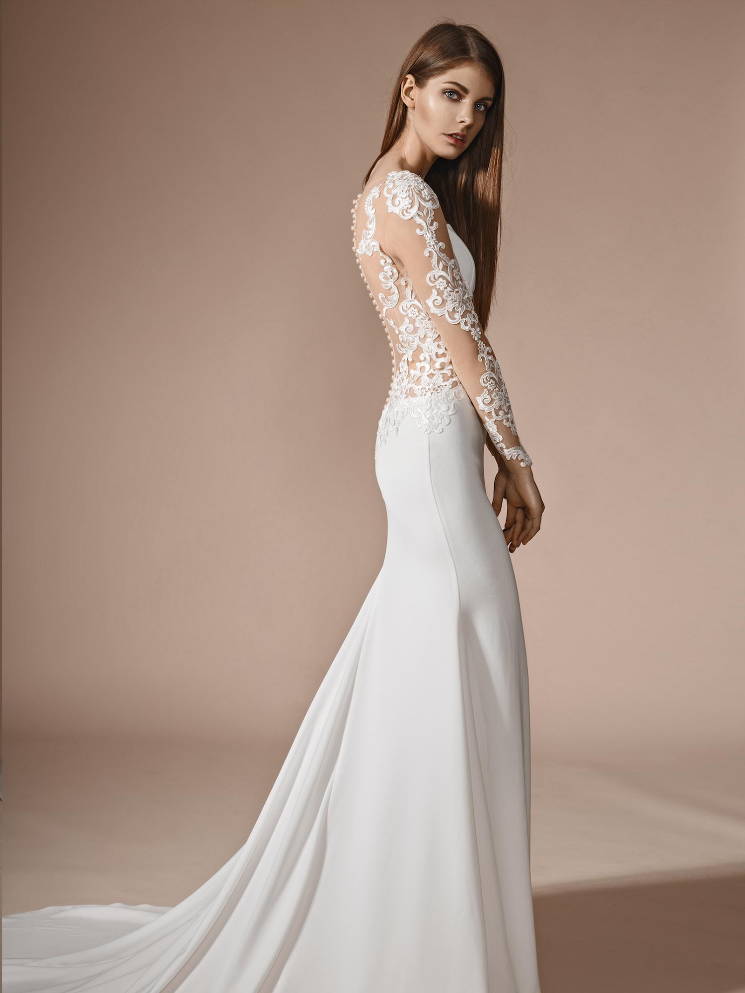 Papilio Fit and flare style wedding dress with illusion neckline and