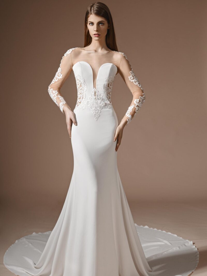 Fit and flare style wedding dress with illusion neckline and long sleeves