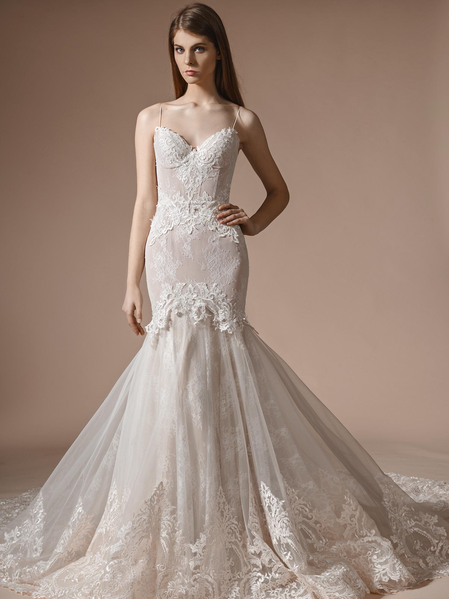 Papilio Fit And Flare Wedding Gown With Bustier Bodice And Lace Detailing