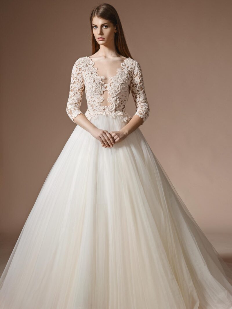 Lace bodice ball gown wedding dress with three-quarter sleeves