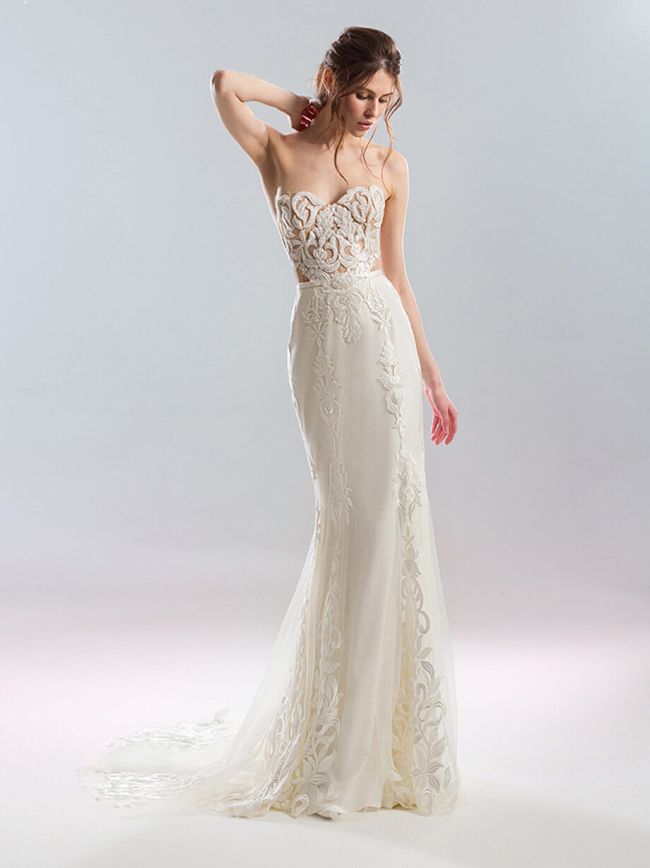 Front view of an elegant strapless wedding dress with a fitted lace bodice and a sleek silhouette in ivory-nude, featuring detailed lace embroidery. Available at Papilio Boutique's sample sale in Toronto.