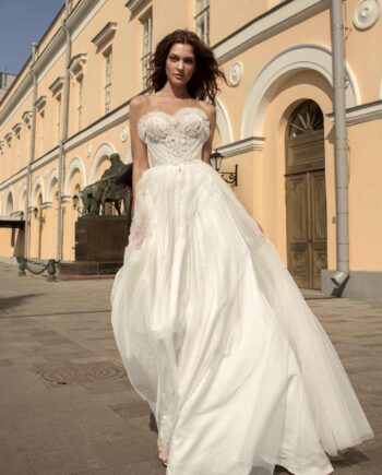 A-line strapless wedding gown with an intricated and detailed sweetheart bodice