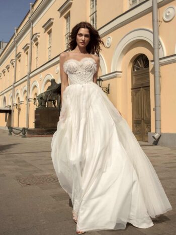 A-line strapless wedding gown with an intricated and detailed sweetheart bodice