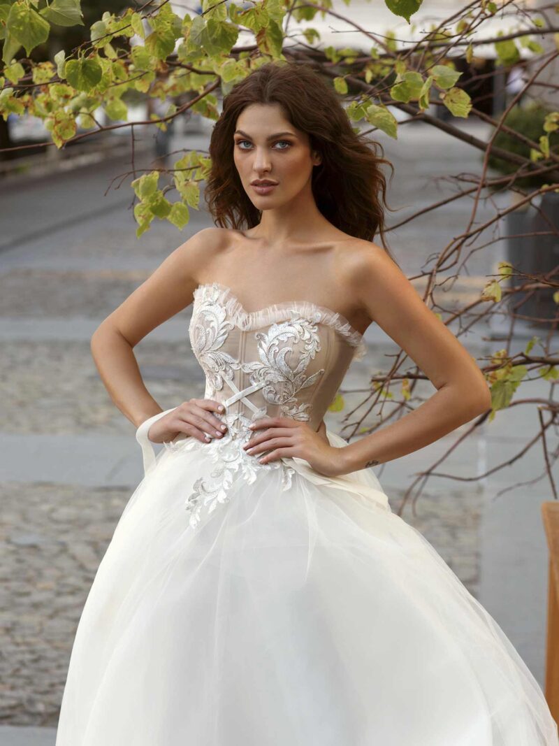 A-line wedding gown with a nude sweetheart bodice and ivory embroidery