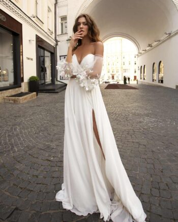 Chiffon wedding dress with off-the-shoulder bishop sleeves and high leg slit