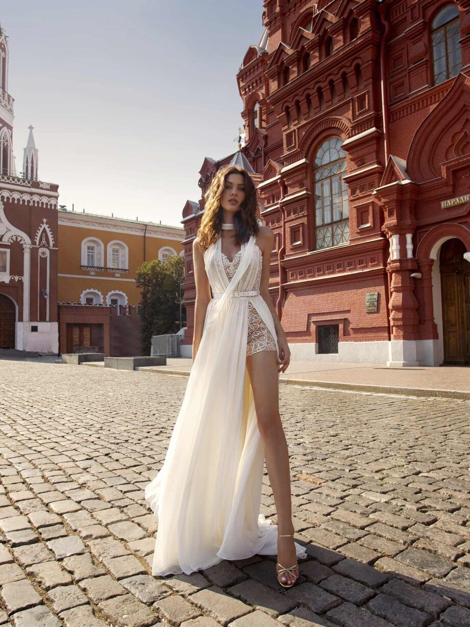 Two-piece wedding dress with sequinned shorts and chiffon overlay