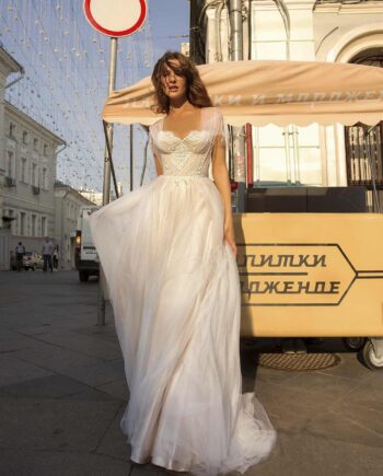 A-line wedding gown with butterfly sleeves and embroidered sweetheart bodice