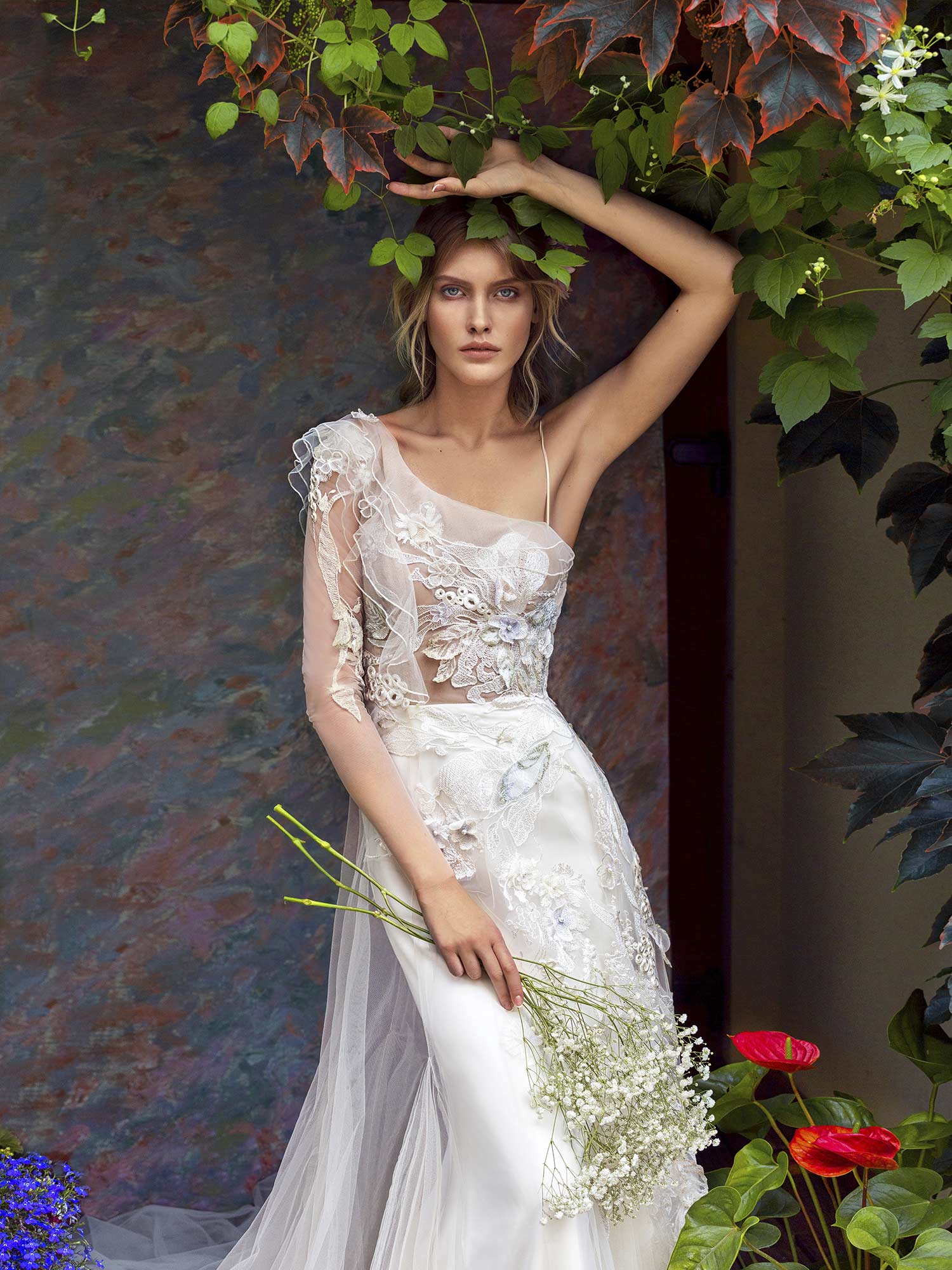 Papilio One-shoulder wedding dress with asymmetrical floral embroidery