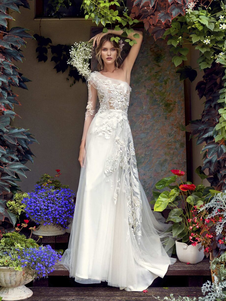 One-shoulder wedding dress with asymmetrical floral embroidery