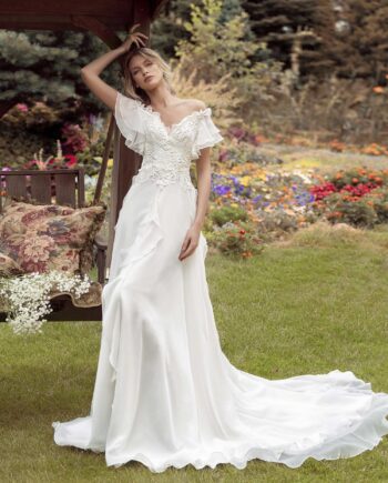 A-line wedding gown with off-the-shoulder sleeves