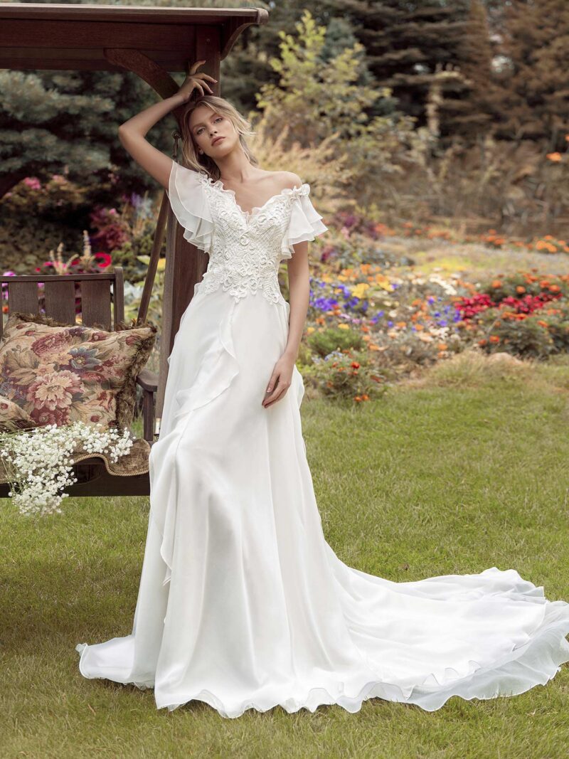 A-line wedding gown with off-the-shoulder sleeves