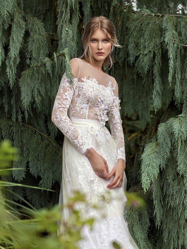 Off-the-shoulder A-line wedding dress with long sleeves