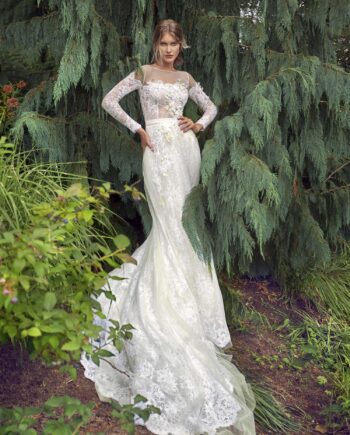 Off-the-shoulder A-line wedding dress with long sleeves