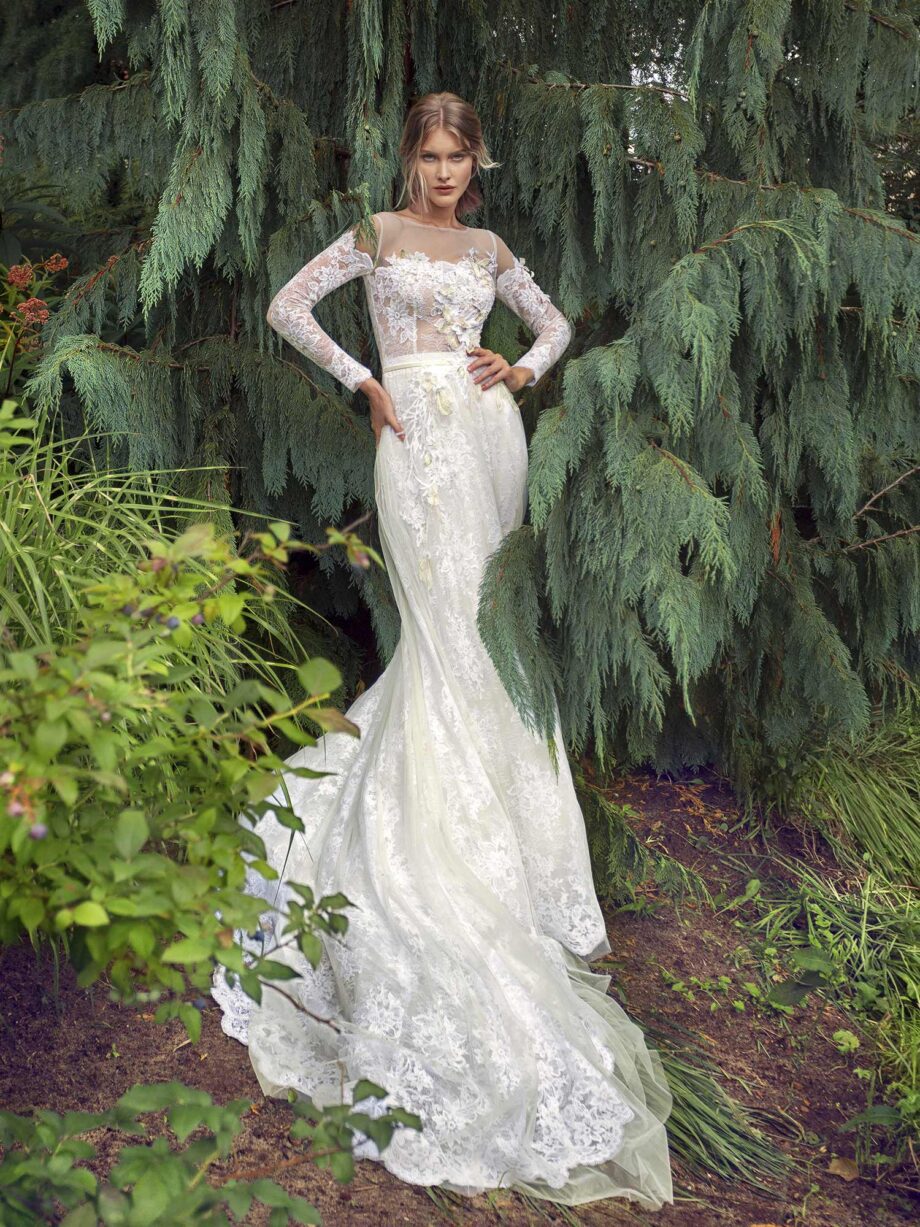 Off-the-shoulder A-line wedding dress with long sleeves