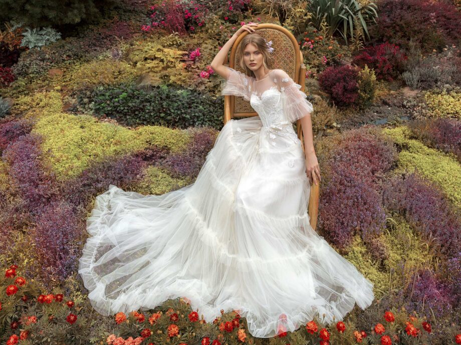 wedding gown with ruffled sleeves