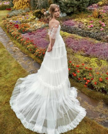 A-line wedding gown with ruffled sleeves and bustier bodice