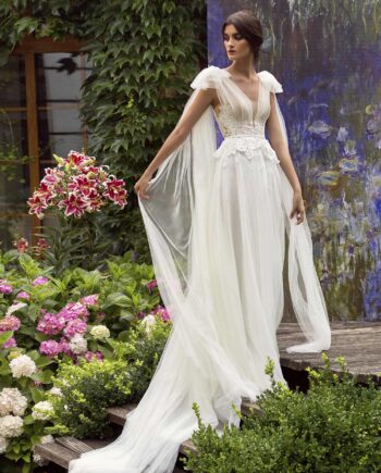 Cape sleeved A-line wedding dress with plunging neckline and V back