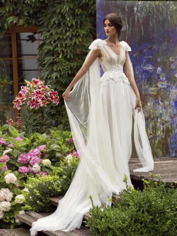 Cape sleeved A-line wedding dress with plunging neckline and V back