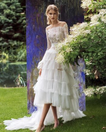 High-low wedding dress with layered ruffled skirt