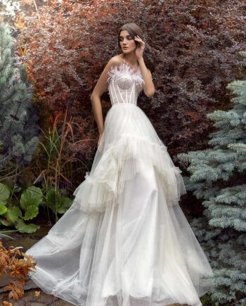 A-line wedding gown with feathered bustier bodice