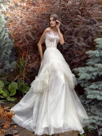 A-line wedding gown with feathered bustier bodice