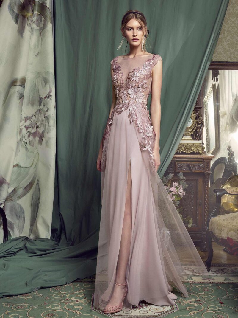 A-line evening gown with 3D floral appliqu