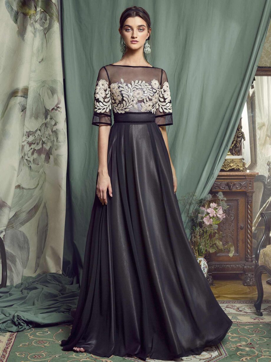 A-line evening gown with short sleeves and sequinned embroidery