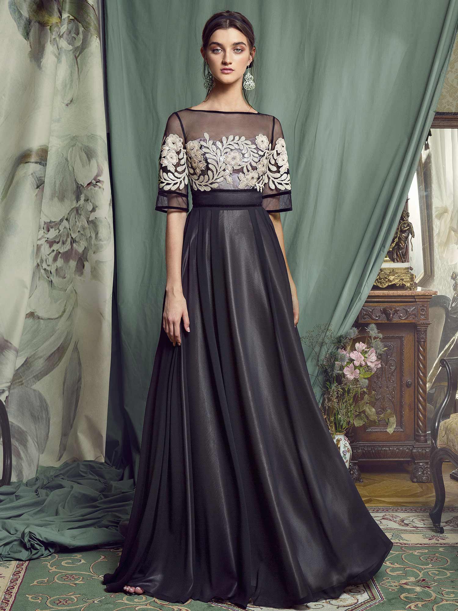 Papilio A-line evening gown with short sleeves and sequinned embroidery
