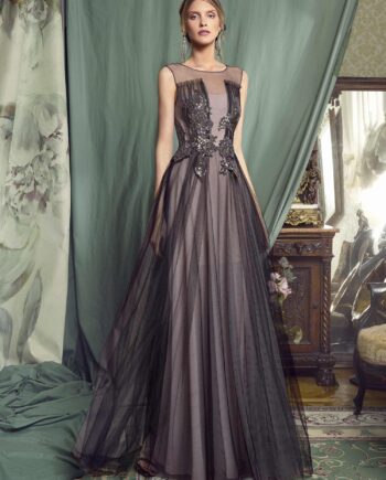 A-line evening gown with embellished bodice and tulle skirt