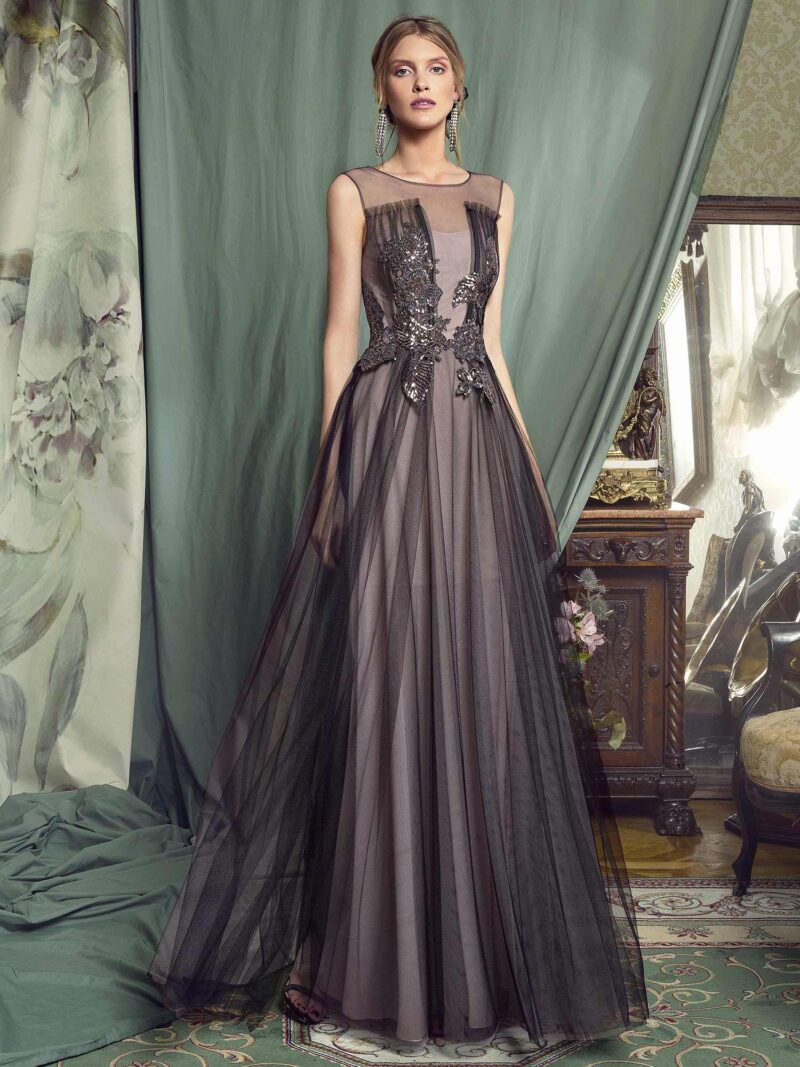 A-line evening gown with embellished bodice and tulle skirt