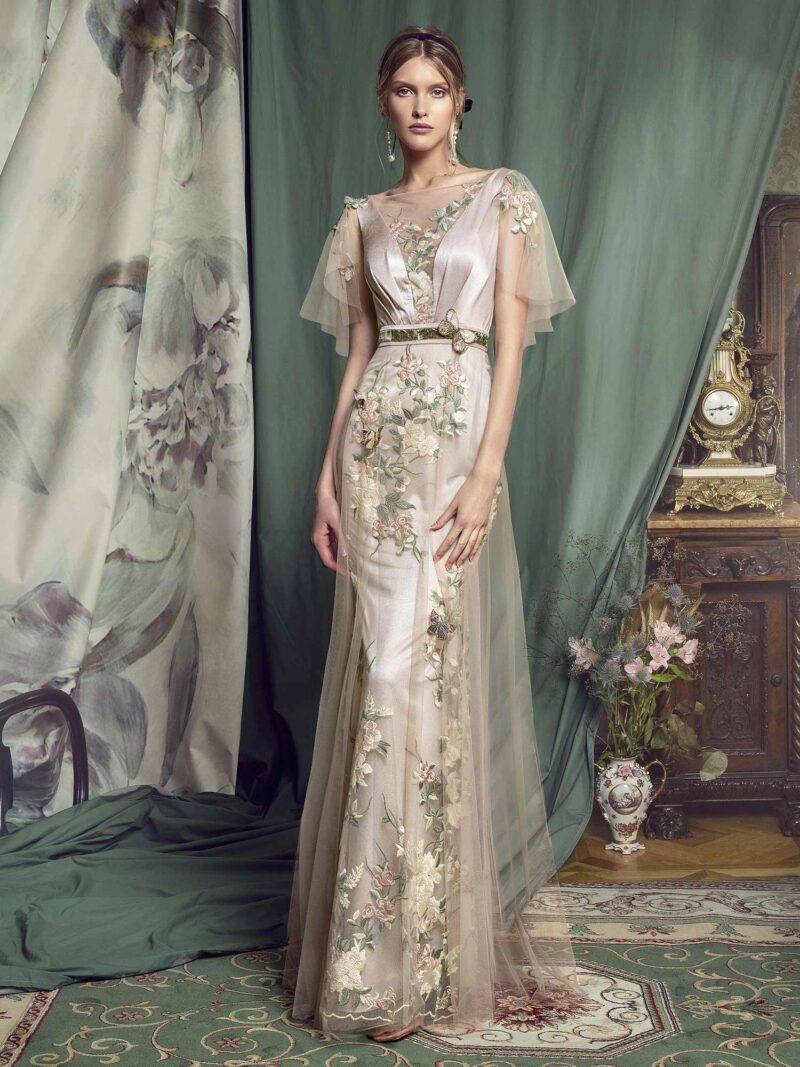 Fitted evening dress with butterfly sleeves