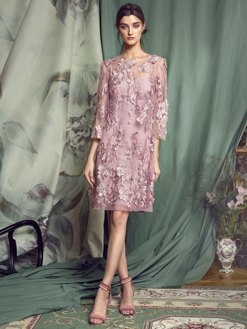 Three-quarter sleeve lace dress with 3D floral appliqu