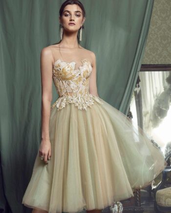 Ball gown evening dress with sequinned embroidered top