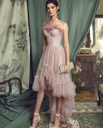 High-low cocktail gown with feathered bustier bodice