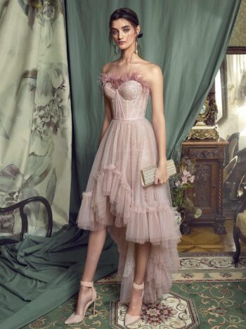 High-low cocktail gown with feathered bustier bodice