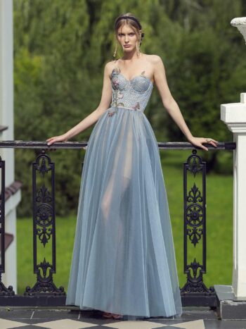 Spaghetti strap evening gown with floral embroidery and tulle skirt