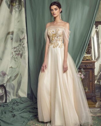 A-line evening gown with off-the-shoulder sleeves