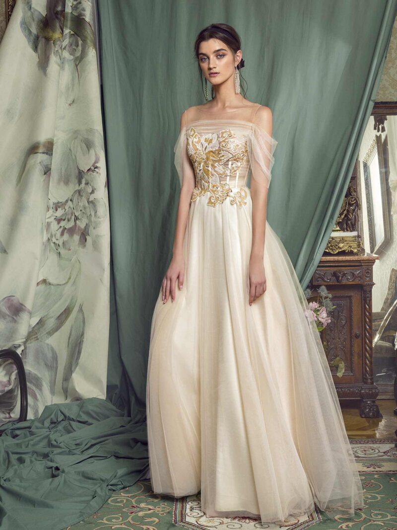 A-line evening gown with off-the-shoulder sleeves