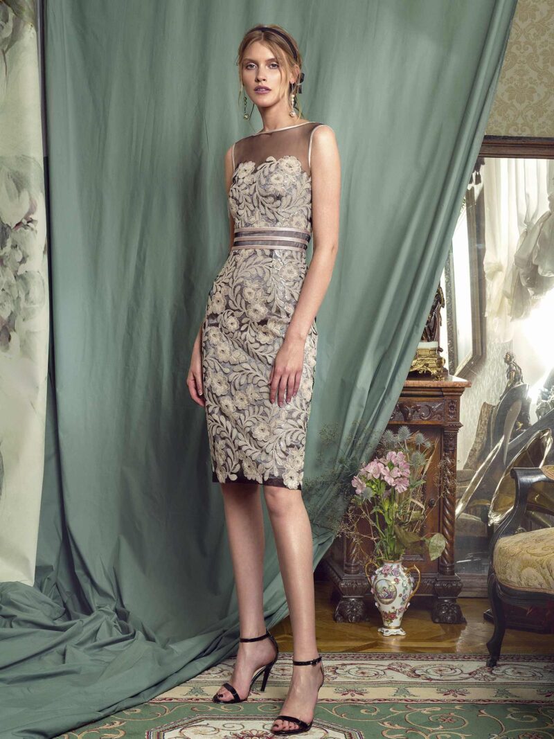 Sheath gown with sequinned embroidery and belted waist