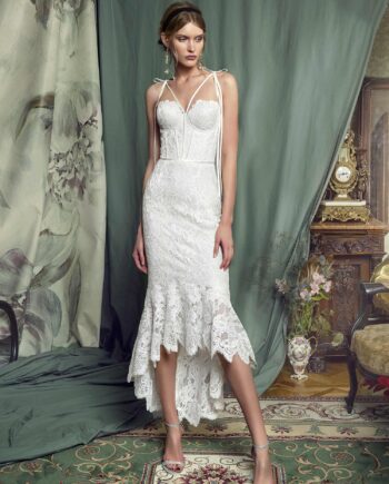 High-low lace mermaid gown with a bustier bodice