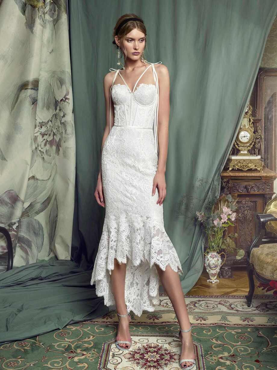 High-low lace mermaid gown with a bustier bodice