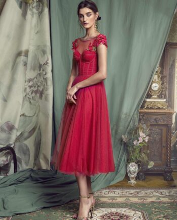 A-line evening gown with floral cap sleeves and bustier bodice