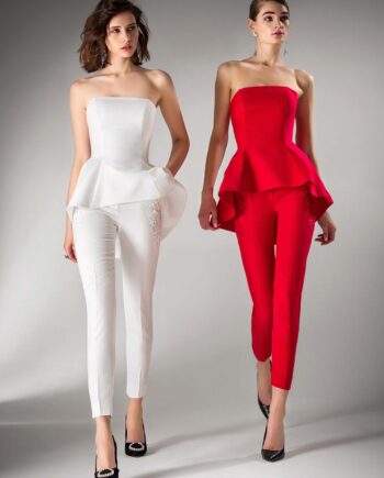 Strapless peplum blouse and cigarette trousers