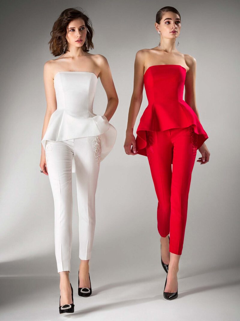 Strapless peplum blouse and cigarette trousers