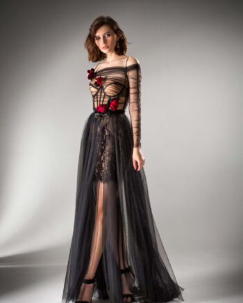 Long sleeved A-line evening dress