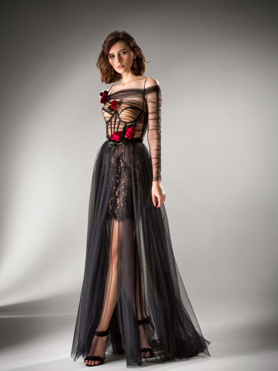 Long sleeved A-line evening dress